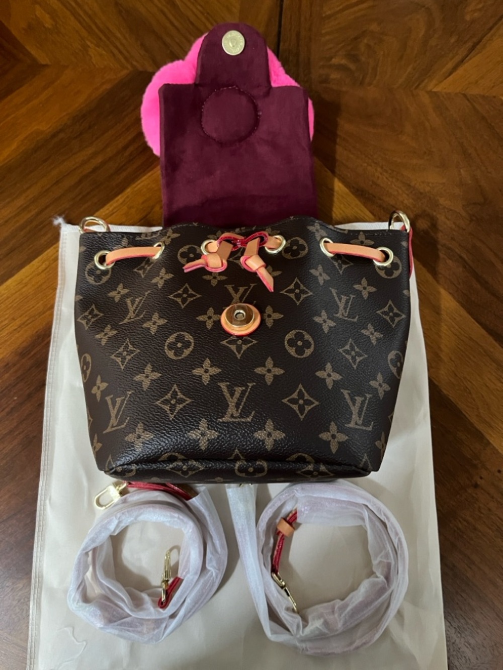 Chic Brown Bucket Backpack Bag with Pink Fur Flower Charm! - Picture 6 of 9